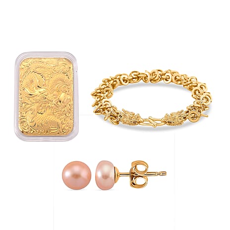 MEGA BUNDLE - 24K Gold (99.9% Purity) Embossed Dragon Collectible, Designer Closeout Dragon Head Bracelet (Size 8) Peach Fresh Water Pearl Earrings With Push Backs
