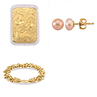 MEGA BUNDLE - 24K Gold (99.9% Purity) Embossed Dragon Collectible, Designer Closeout Dragon Head Bracelet (Size 8) Peach Fresh Water Pearl Earrings With Push Backs