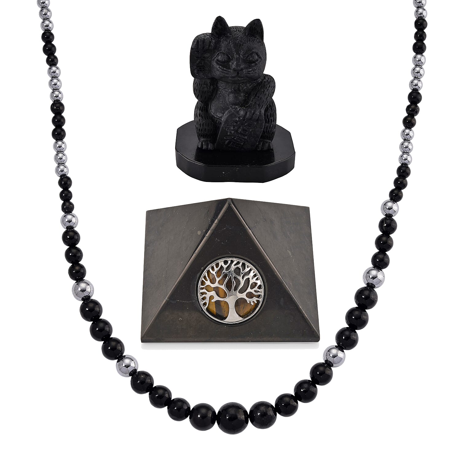 SHUNGITE THUNDER BUY - Natural Shungite Maneki Neko Lucky Cat Figurine 920.00 Ct, Shungite & Tigers Eye Pyramid 1200.00 Ct & Shungite & Hematite Necklace (Size 20) 300.00 Ct.
