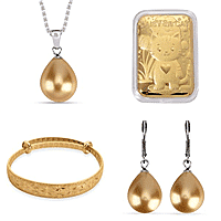 24K Embossed Foil, Golden Shel Pearl Necklace and Earrings and Floral Harmony Bangle
