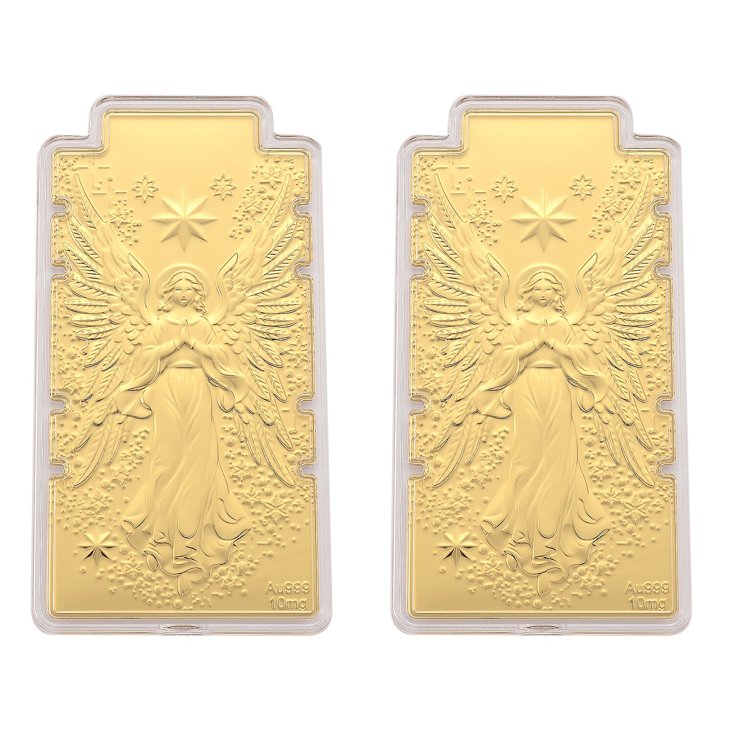 Set of 2 - 24K Yellow Gold (99.9% Purity) Large Angel Embossed Treasure - Serving as a Guardian Emblem for Peace & Spiritual Protection