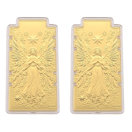 Set of 2-24K Yellow Gold (99.9% Purity) Large Angel Embossed Treasure - Serving as a Guardian Emblem for Peace & Spiritual Protection