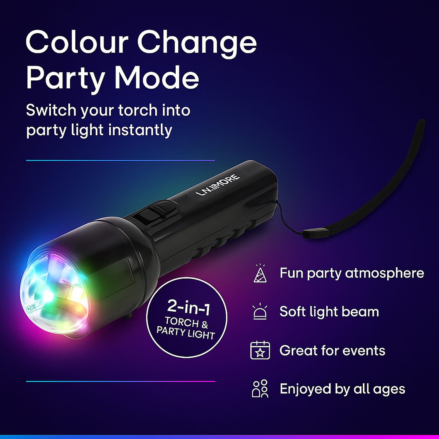 Set of 2 LIVMORE Twilight Dual LED Flashlight With Colour Change Party Light