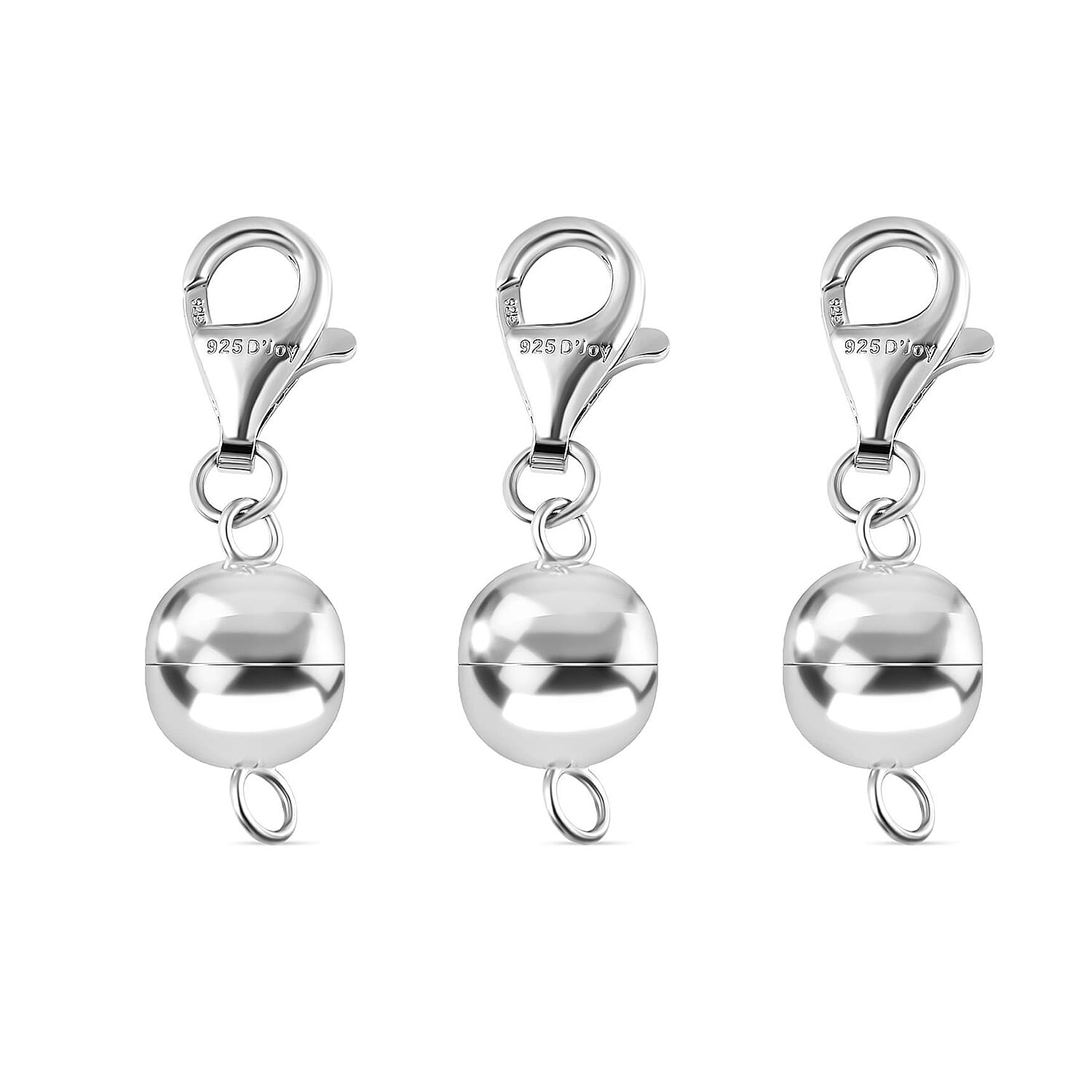 Set of 3 - Round Shape Magnetic Lock with Lobster Clasp in Rhodium Overlay Sterling Silver