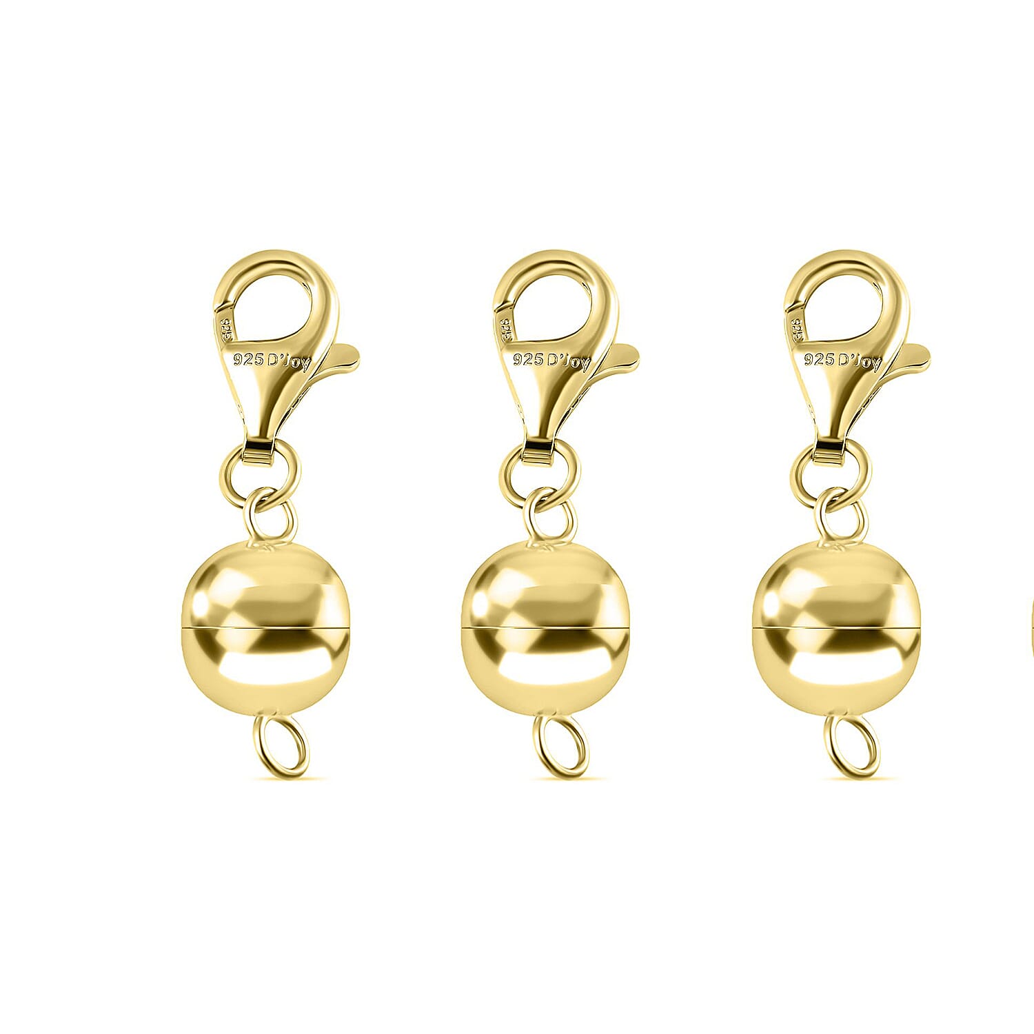 Set of 3 - Round Shape Magnetic Lock with Lobster Clasp in Yellow Gold Plated Sterling Silver