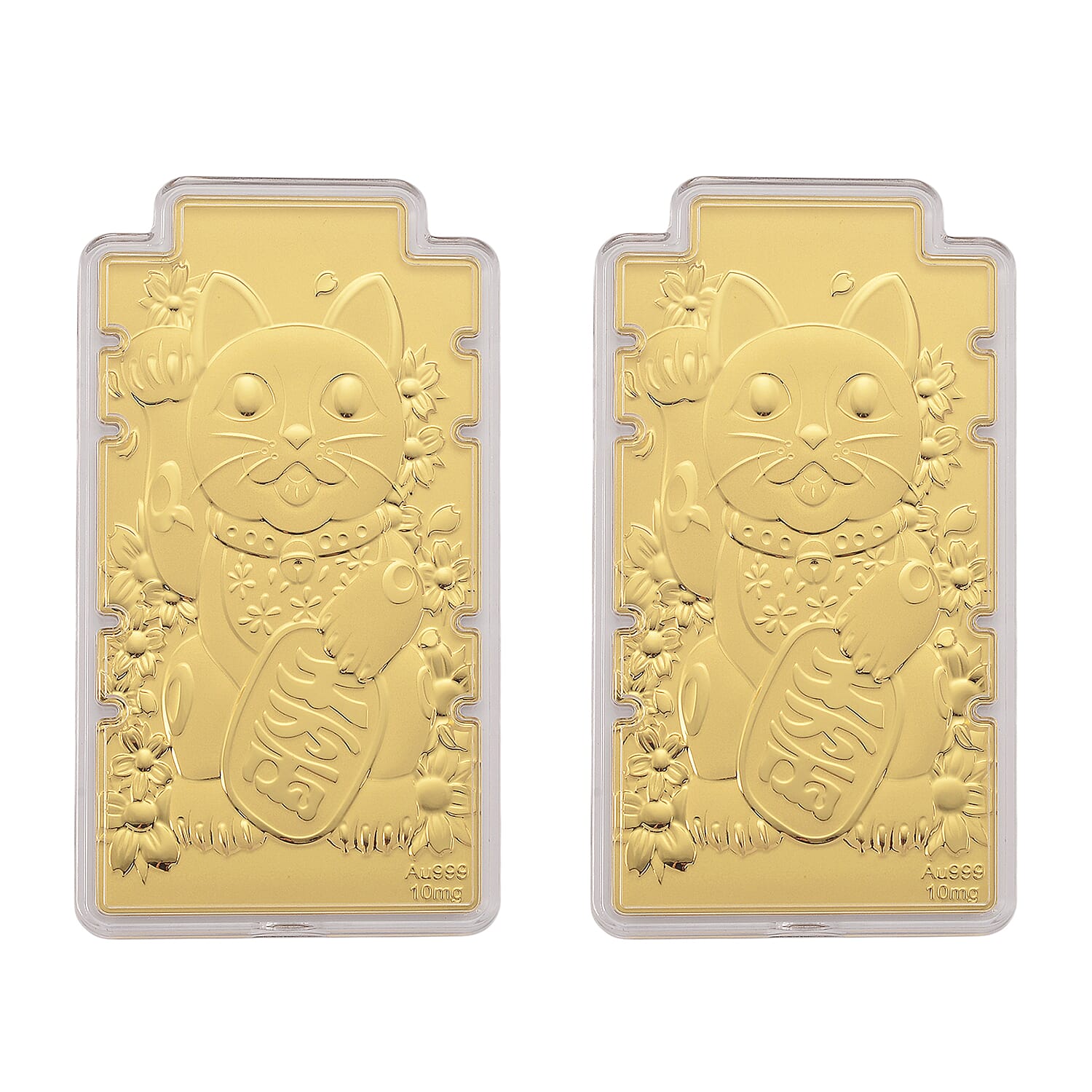 Set of 2 - 24K Yellow Gold (99.9% Purity) Large Maneki Neko Cat Embossed Treasure - Symbolizing Wealth, Good Fortune & Prosperity