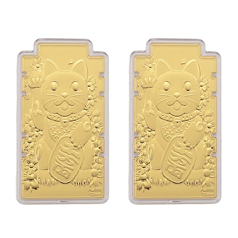 Set of 2 - 24K Yellow Gold (99.9% Purity) Large Maneki Neko Cat Embossed Treasure - Symbolizing Wealth, Good Fortune & Prosperity