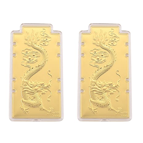 Set of 2 - 24K Yellow Gold (99.9% Purity) Large Dragon Embossed Treasure - Symbolizing Power, Protection & Prosperity (100 x 50 MM)