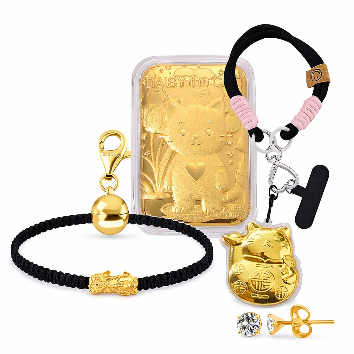 TJC Special Bundle - Set of 5 - 24K Yellow Gold Pixiu -  Magnetic Lock in Yellow Gold Plated Sterling Silver - 24K Yellow Gold Kitty - 24K Yellow Gold Money Cat - Earring in  Yellow Gold Plated Sterli