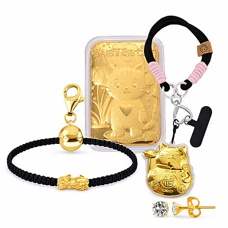 TJC Special Bundle - Set of 5 - 24K Yellow Gold Pixiu -  Magnetic Lock in Yellow Gold Plated Sterling Silver - 24K Yellow Gold Kitty - 24K Yellow Gold Money Cat - Earring in  Yellow Gold Plated Sterli