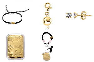 TJC Special Bundle - Set of 5 - 24K Yellow Gold Pixiu -  Magnetic Lock in Yellow Gold Plated Sterling Silver - 24K Yellow Gold Kitty - 24K Yellow Gold Money Cat - Earring in  Yellow Gold Plated Sterli