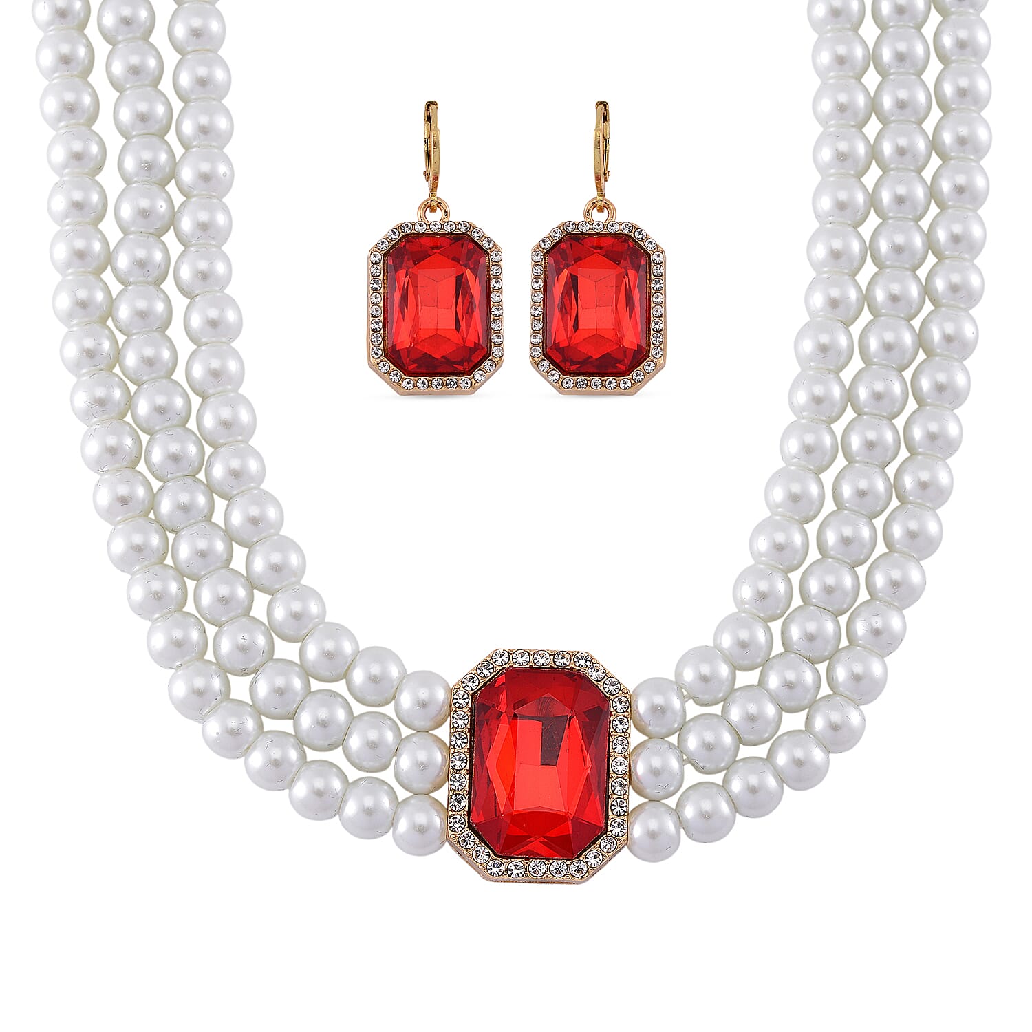Designer Inspired-Red Crystal Earring and Simulated Pearl Choker Necklace (Size 16- 4inch Ext)