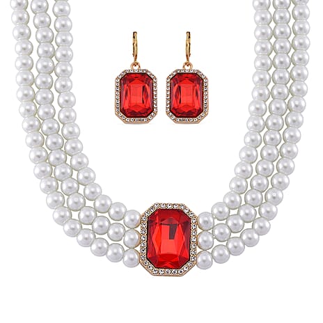 Designer Inspired-Red Crystal Earring and Simulated Pearl Choker Necklace (Size 16- 4inch Ext)