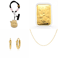 Anshus Treasure Chest Mega Offer- (24K Key Chain, 24K Embossed Keepsake,9K Gold Necklace and 9k Hoop Earrings)