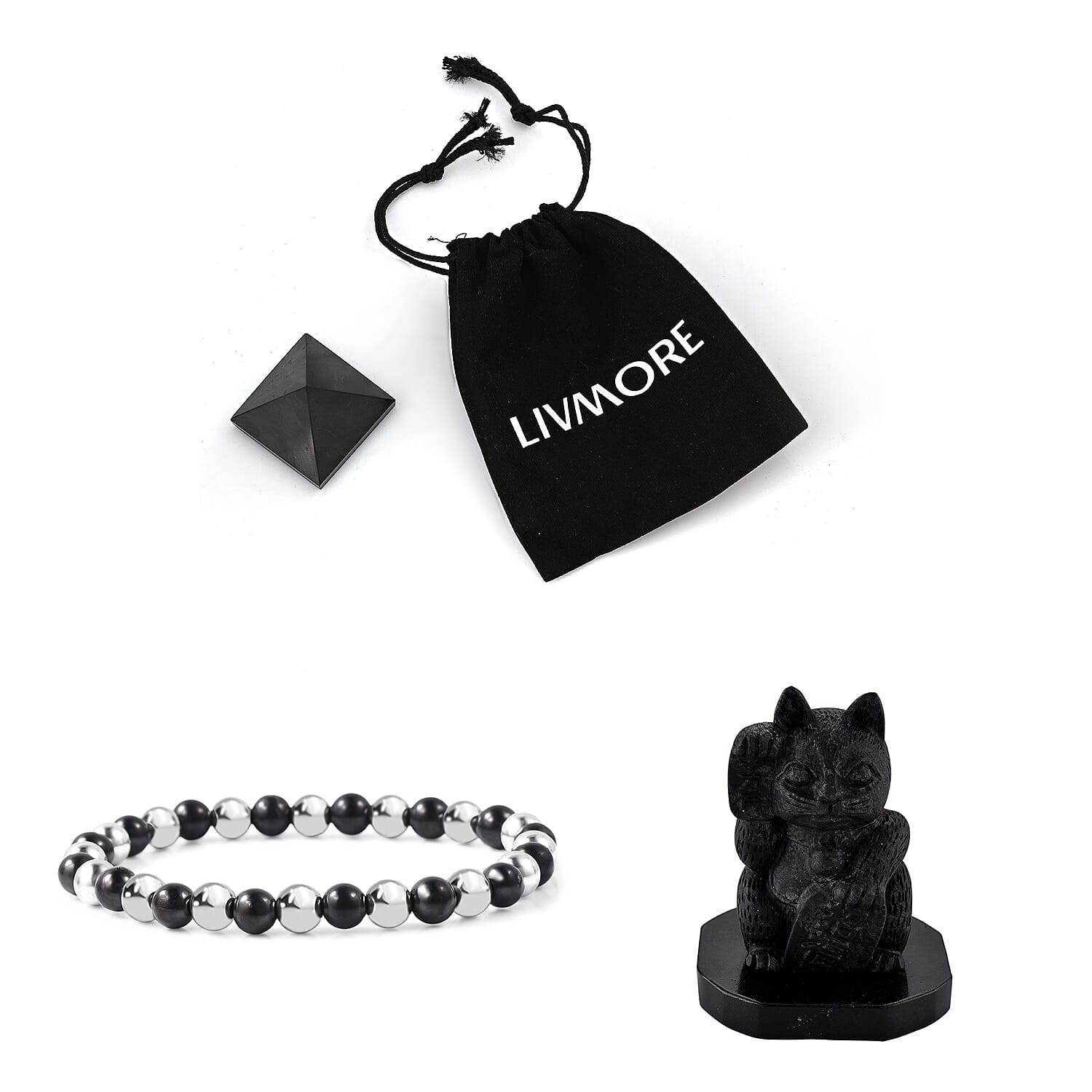 Natural Shungite Maneki Neko Lucky Cat Figurine 920.00 Ct, Natural Shungite Pyramid Presented In a Drawstring Velvet Pouch 213.00 Ct, Natural Shungite, Hematite Bracelet (Stretchable) 80 Ct