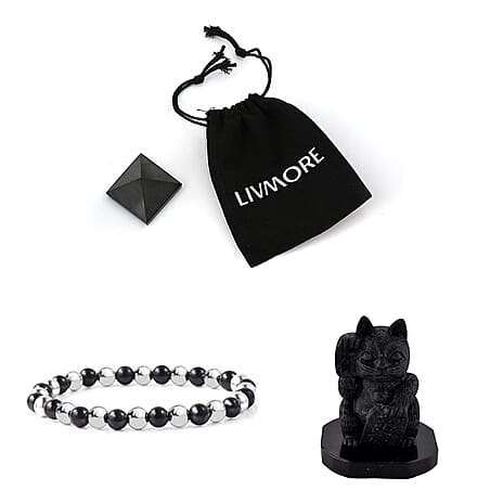 Natural Shungite Maneki Neko Lucky Cat Figurine 920.00 Ct, Natural Shungite Pyramid Presented In a Drawstring Velvet Pouch 213.00 Ct, Natural Shungite, Hematite Bracelet (Stretchable) 80 Ct