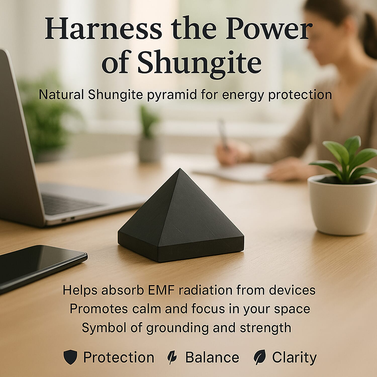 Natural Shungite Maneki Neko Lucky Cat Figurine 920.00 Ct, Natural Shungite Pyramid Presented In a Drawstring Velvet Pouch 213.00 Ct, Natural Shungite, Hematite Bracelet (Stretchable) 80 Ct