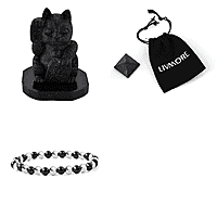 Natural Shungite Maneki Neko Lucky Cat Figurine 920.00 Ct, Natural Shungite Pyramid Presented In a Drawstring Velvet Pouch 213.00 Ct, Natural Shungite, Hematite Bracelet (Stretchable) 80 Ct