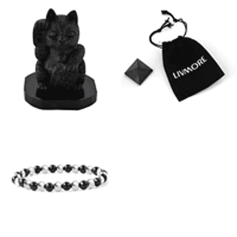Natural Shungite Maneki Neko Lucky Cat Figurine 920.00 Ct, Natural Shungite Pyramid Presented In a Drawstring Velvet Pouch 213.00 Ct, Natural Shungite, Hematite Bracelet (Stretchable) 80 Ct