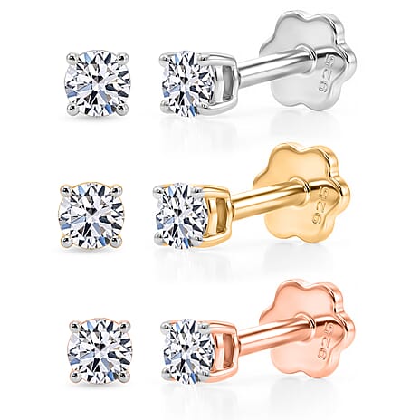 Set of 3 Luxuriant SI-GH Lab Grown Diamond Solitaire Earring with Screw Back , Sterling Silver 0.20 Ct.