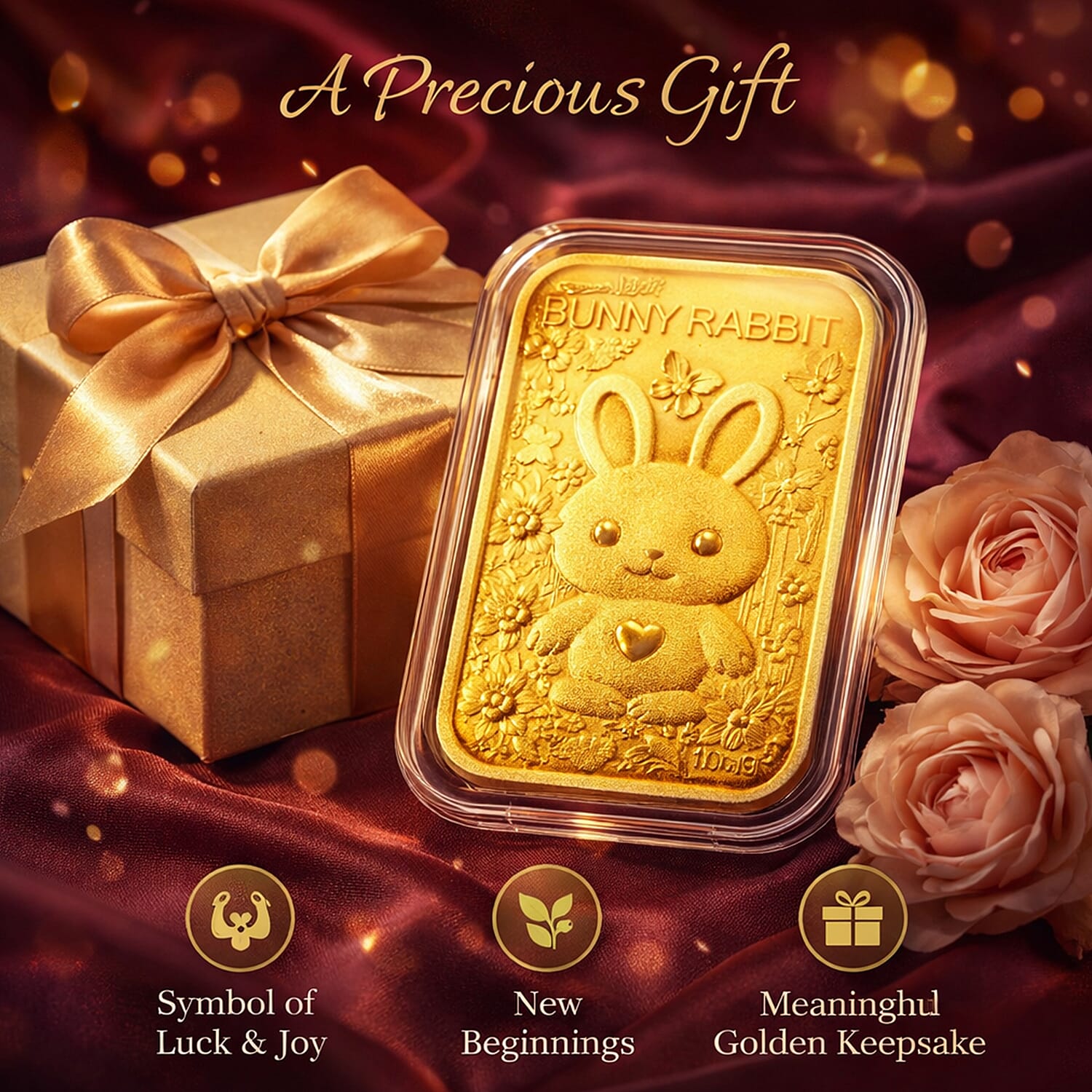 Set of Four 24K Yellow Gold Essential Piece (99.99% Gold Purity) - Rabbit Embossed Collectable