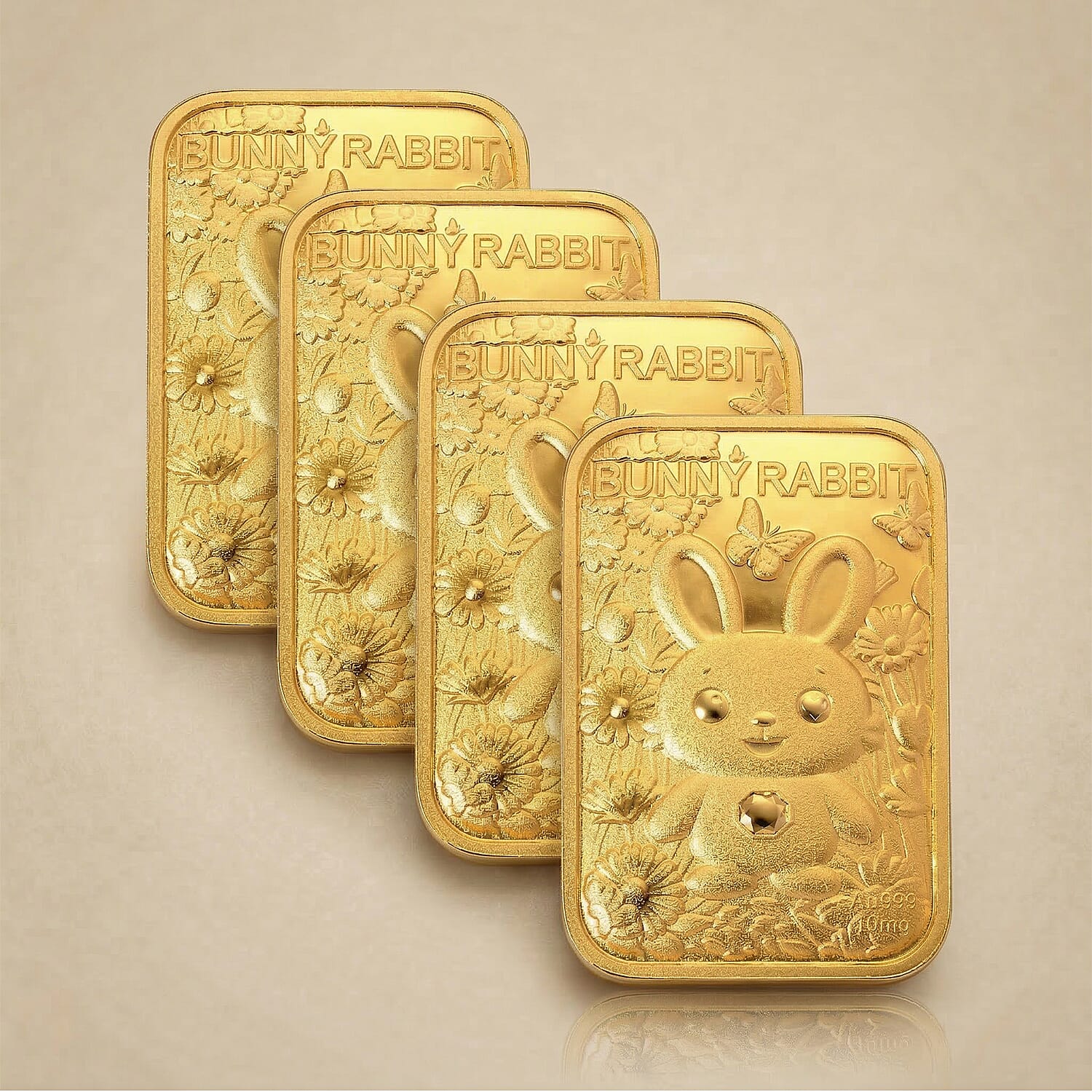Set of Four 24K Yellow Gold Essential Piece (99.99% Gold Purity) - Rabbit Embossed Collectable