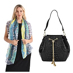 La Marey Genuine Leather Crocodile Embossed Blue Handbag with Mulberry Silk Printed Multicolour Scarf (175 x 65cm)