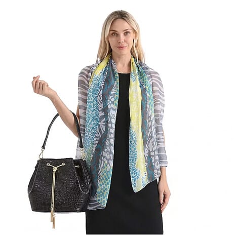 La Marey Genuine Leather Crocodile Embossed Handbag with Mulberry Silk Printed Scarf