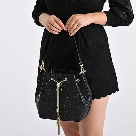 La Marey Genuine Leather Crocodile Embossed Handbag with Mulberry Silk Printed Scarf