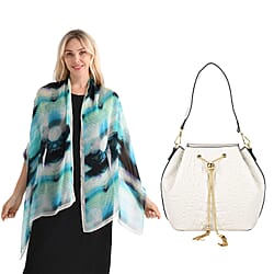 La Marey Genuine Leather Crocodile Embossed Blue Handbag with Mulberry Silk Printed Multicolour Scarf (175 x 65cm)