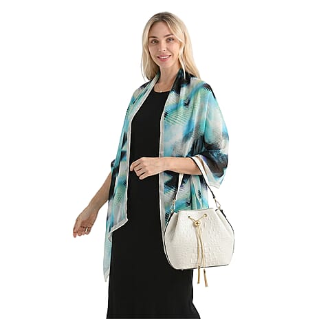 La Marey Genuine Leather Crocodile Embossed Handbag with Mulberry Silk Printed Scarf ( Blue Black)