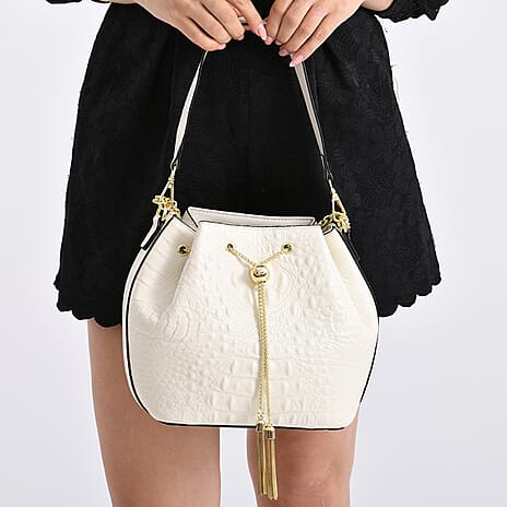 La Marey Genuine Leather Crocodile Embossed Handbag with Mulberry Silk Printed Scarf ( Blue Black)