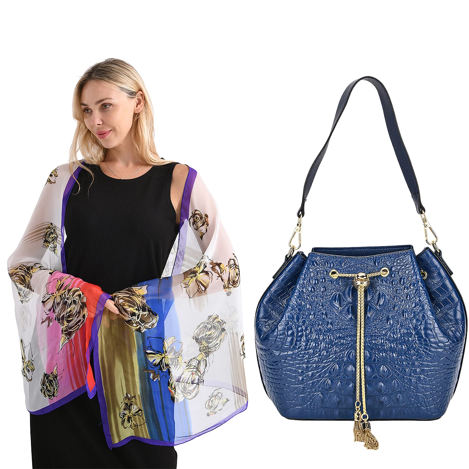 La Marey Genuine Leather Crocodile Embossed Handbag with Mulberry White and Multi Silk Printed Scarf