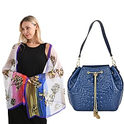 La Marey Genuine Leather Crocodile Embossed Blue Handbag with Mulberry Silk Printed Multicolour Scarf (175 x 65cm)
