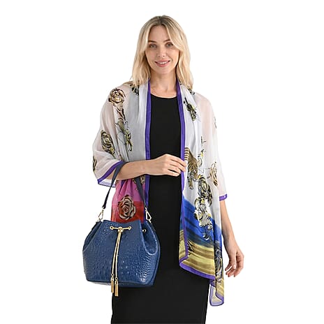 La Marey Genuine Leather Crocodile Embossed Handbag with Mulberry White and Multi Silk Printed Scarf