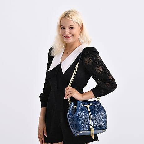 La Marey Genuine Leather Crocodile Embossed Handbag with Mulberry White and Multi Silk Printed Scarf