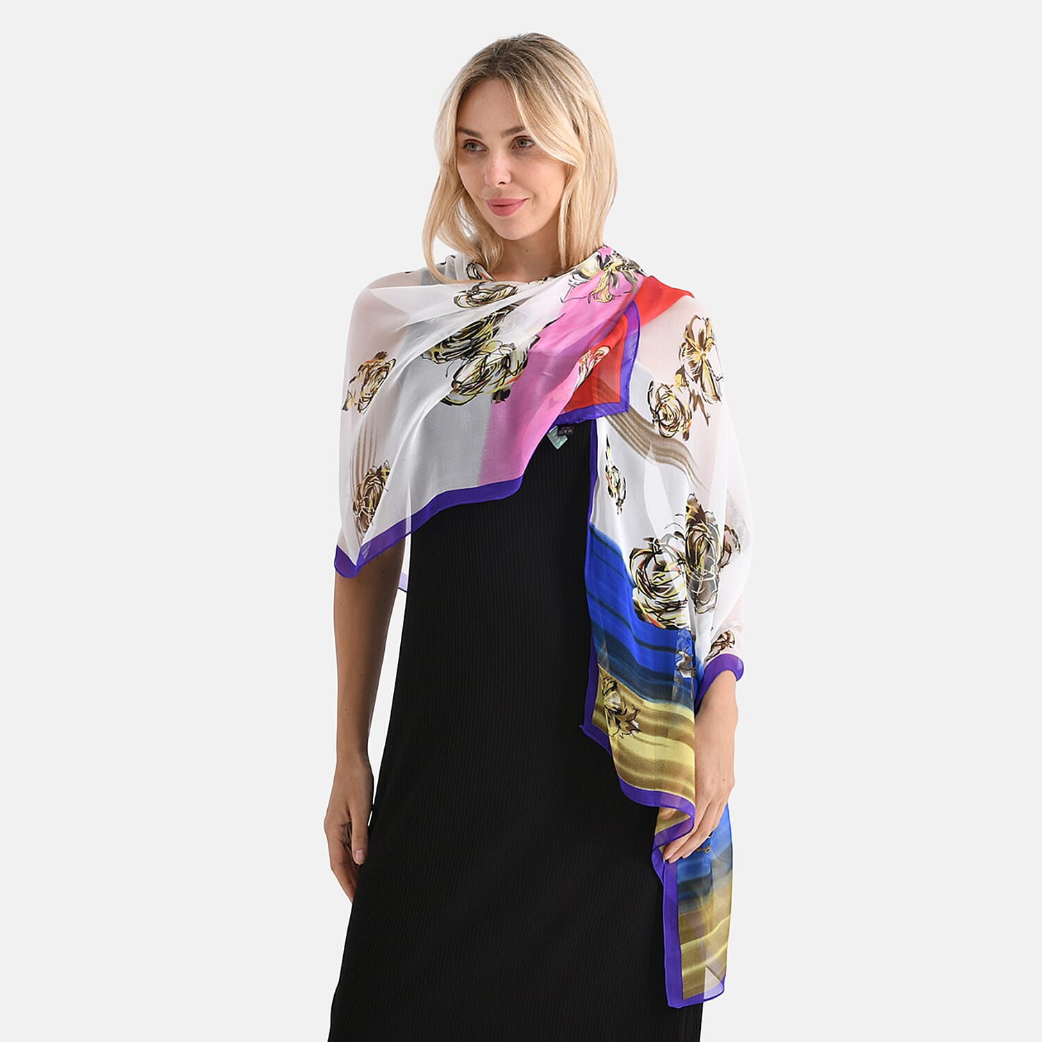 La Marey Genuine Leather Crocodile Embossed Handbag with Mulberry White and Multi Silk Printed Scarf