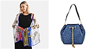 La Marey Genuine Leather Crocodile Embossed Handbag with Mulberry White and Multi Silk Printed Scarf