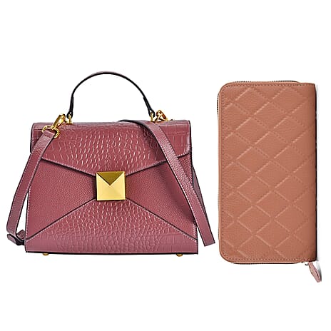 Genuine Leather Stud Handbag with Detachable Shoulder Strap Pattern Embossed Wallet with RFID Protection