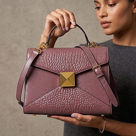 Genuine Leather Stud Handbag with Detachable Shoulder Strap Pattern Embossed Wallet with RFID Protection