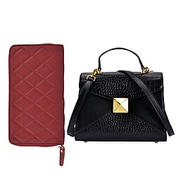 Genuine Leather Stud Black Handbag & Embossed Burgundy Wallet with RFID Protection