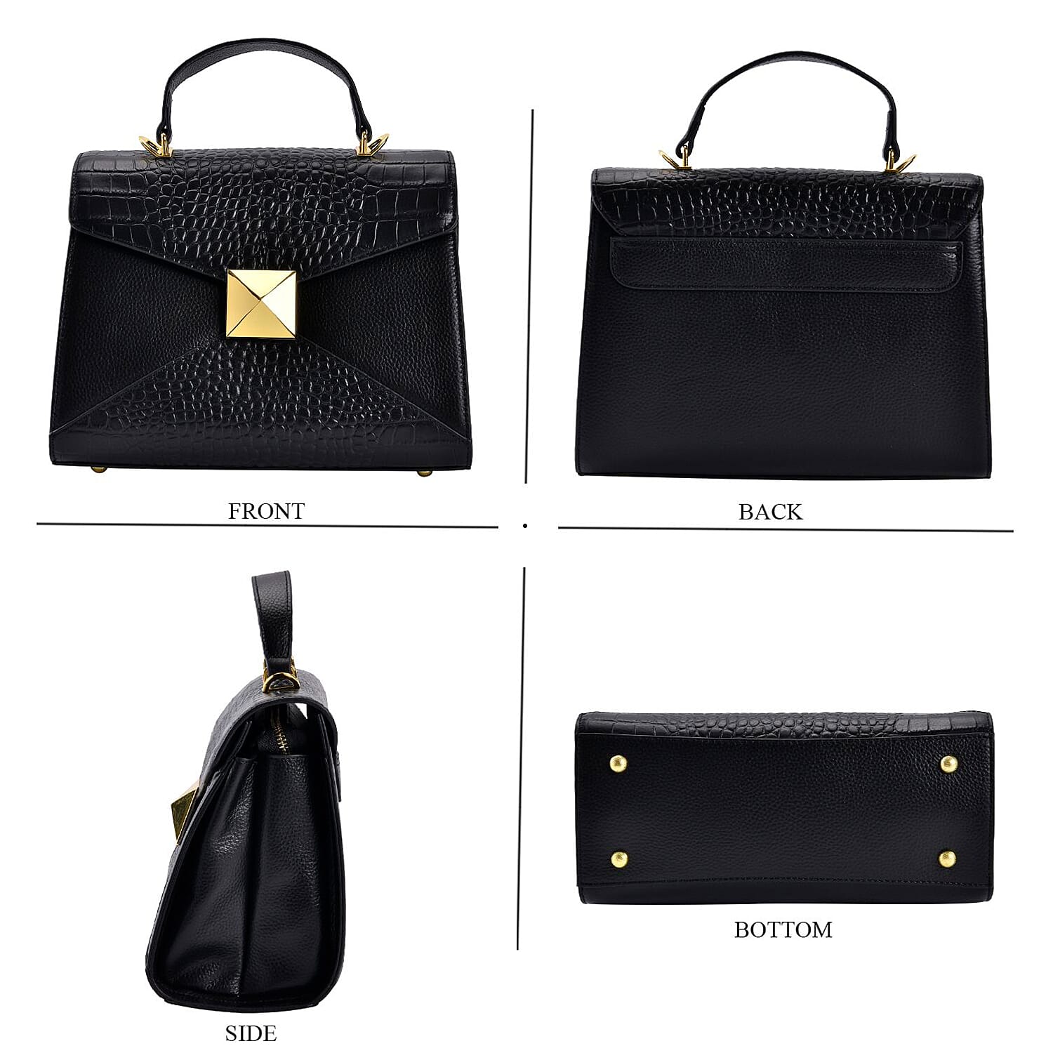 Genuine Leather Stud Handbag with Detachable Shoulder Strap Pattern and Embossed Wallet with RFID Protection