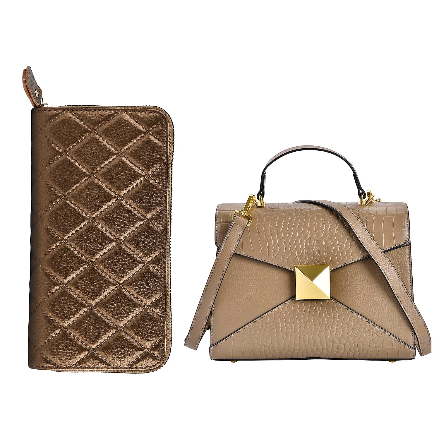 Genuine Leather Studded Handbag Set with Detachable Strap & RFID Embossed Wallet