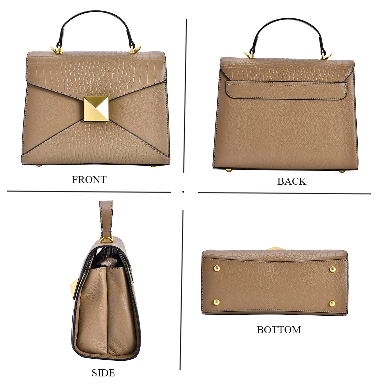 Genuine Leather Studded Handbag Set with Detachable Strap & RFID Embossed Wallet