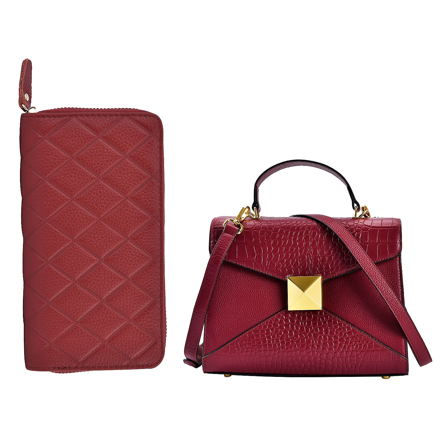 Genuine Leather Studded Handbag Set with Detachable Strap & RFID Embossed Wallet