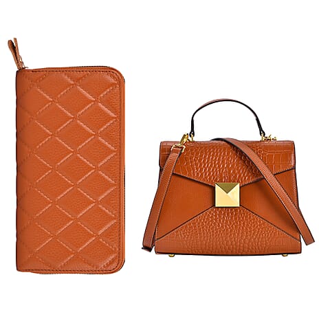 Genuine Leather Studded Handbag Set with Detachable Strap & RFID Embossed Wallet