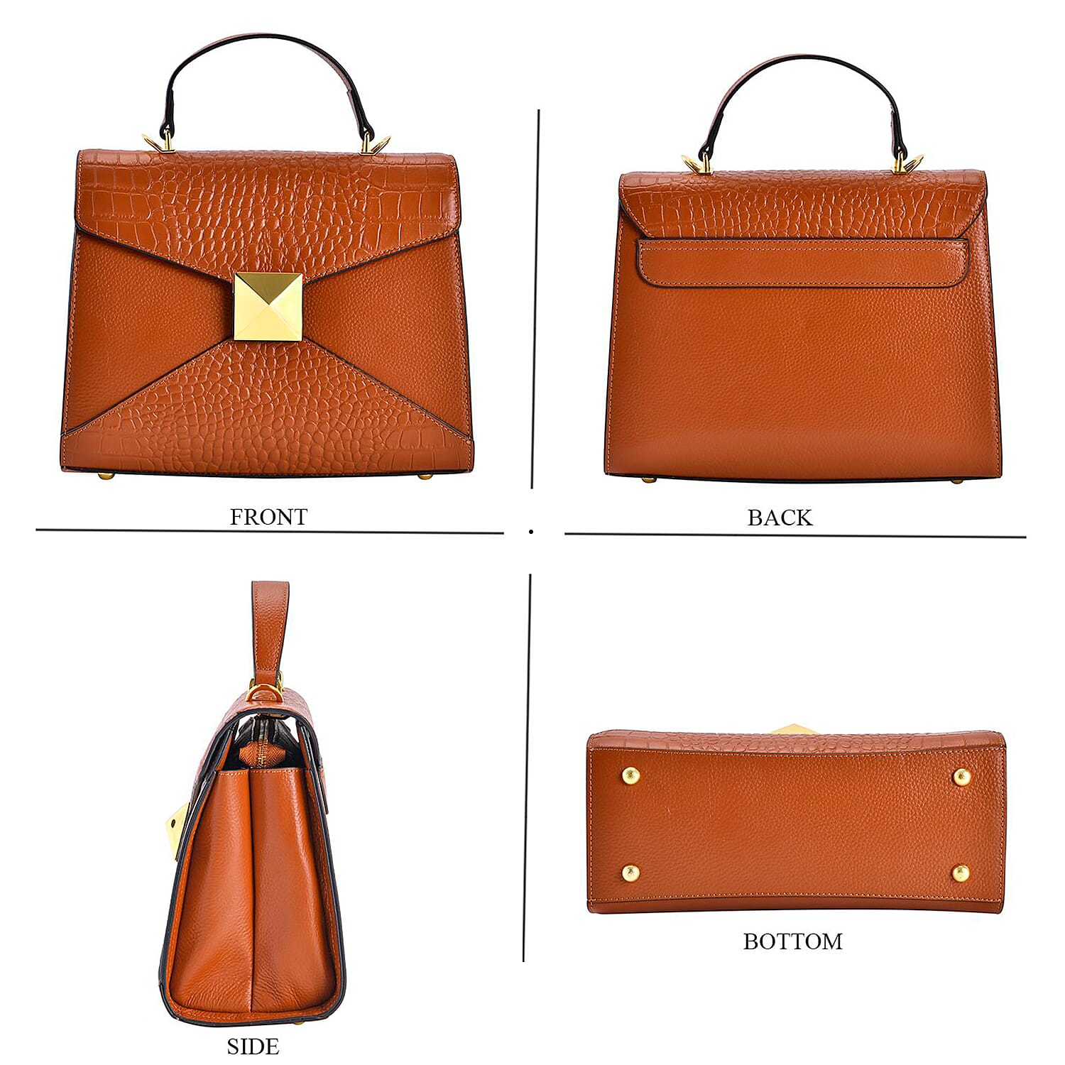 Genuine Leather Studded Handbag Set with Detachable Strap & RFID Embossed Wallet