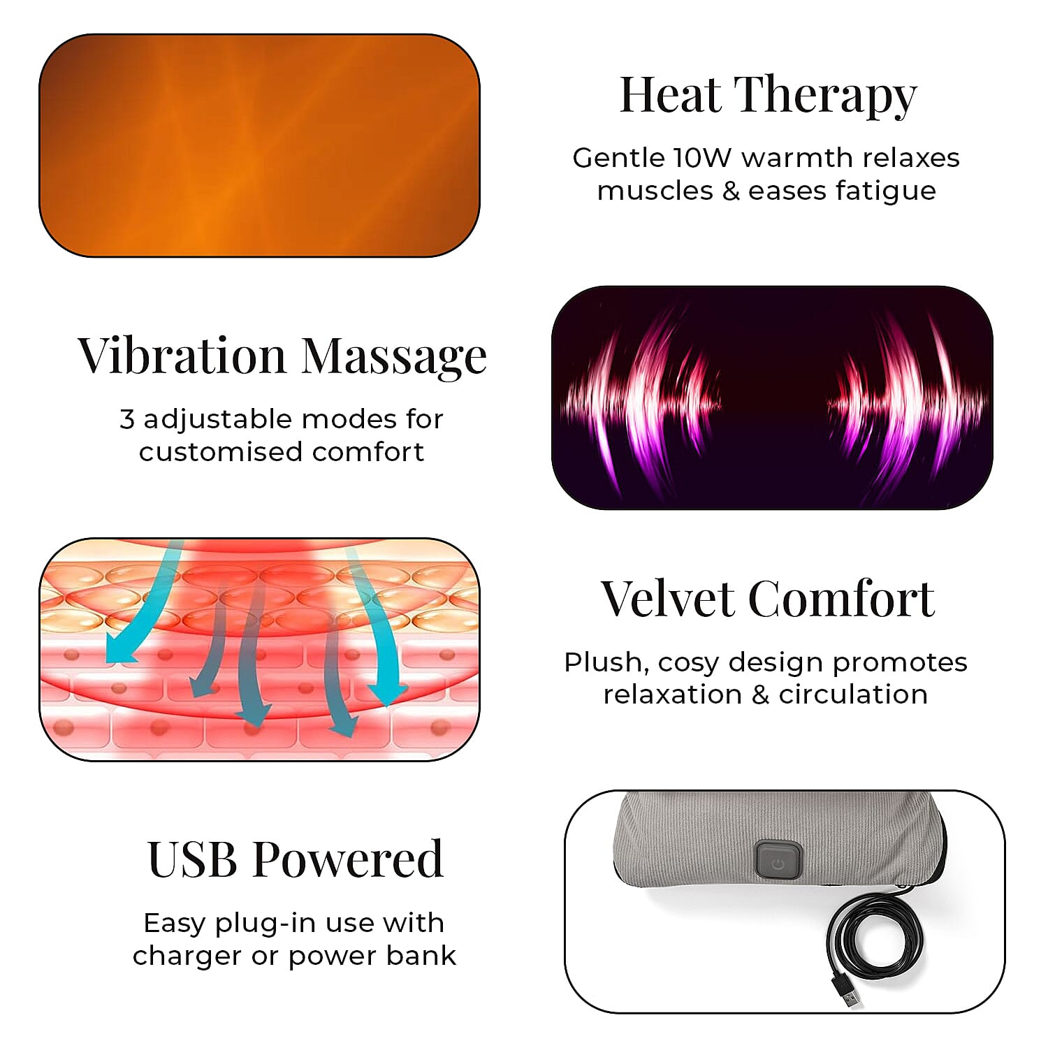 Soulsmart Massager Duo &ndash; Velvet USB Heated Foot Massager (10W) with Professional 6-Head Massager (2000mAh)
