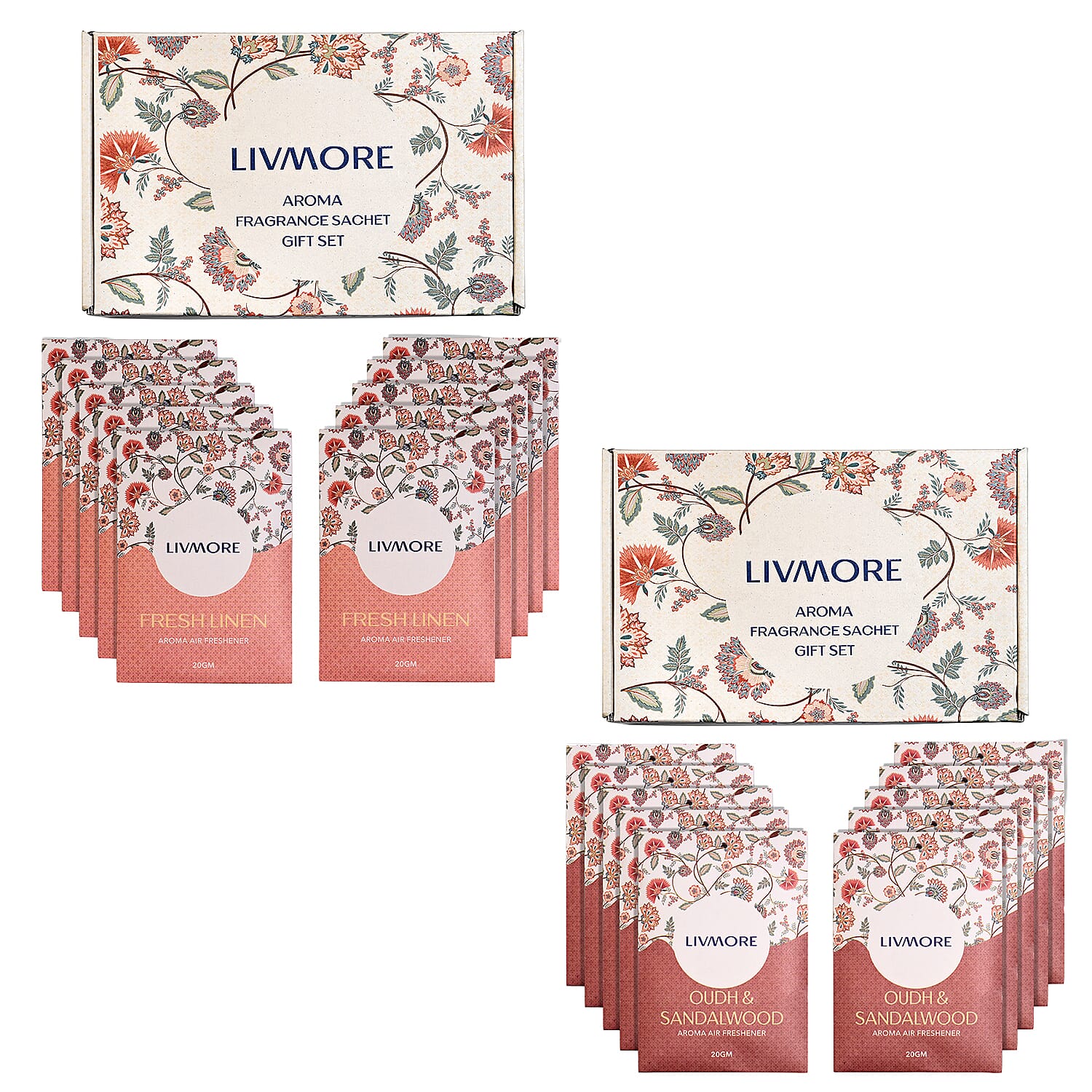 Pack of 20 Livmore Scented Sachets &ndash; Fresh Linen & Oudh & Sandalwood (20g Each)