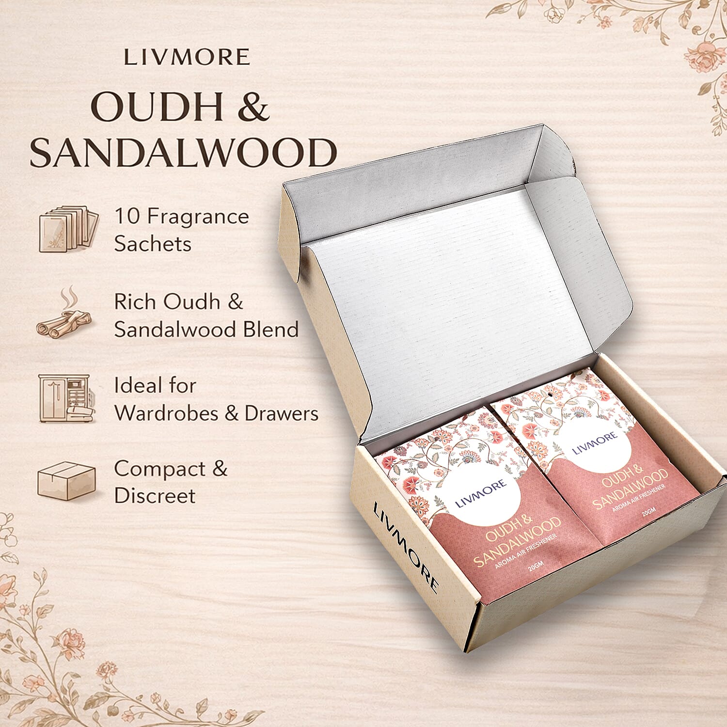 Pack of 20 Livmore Scented Sachets &ndash; Fresh Linen & Oudh & Sandalwood (20g Each)